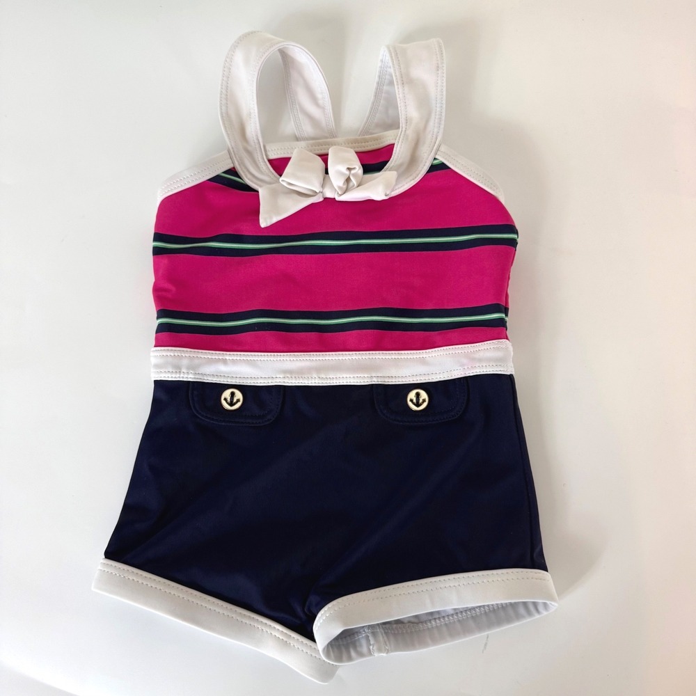 Janie and Jack Swimsuit 12-18M Pink Navy Striped Nautical Bow Preppy Baby